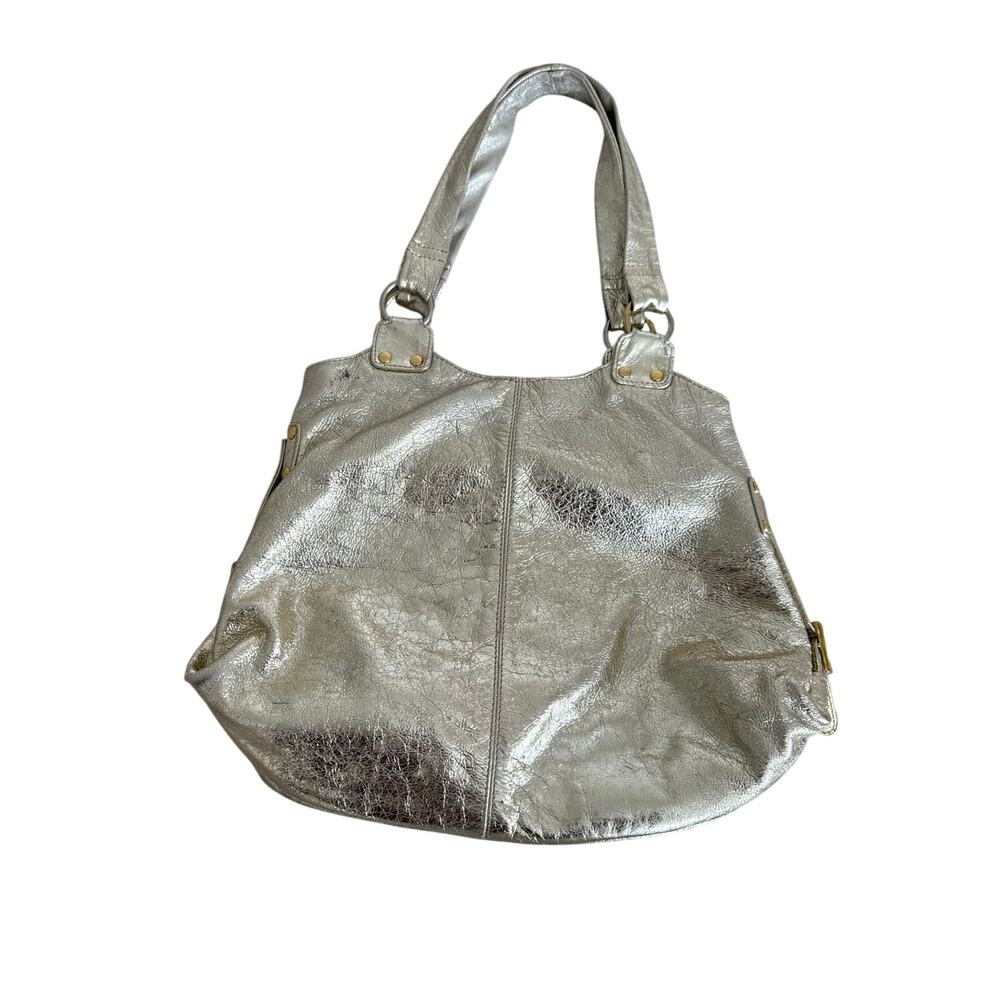 Vintage Y2K Metallic Silver Leather Hobo Shoulder Bag Gold Hardware Slouchy Tote - Picture 3 of 10